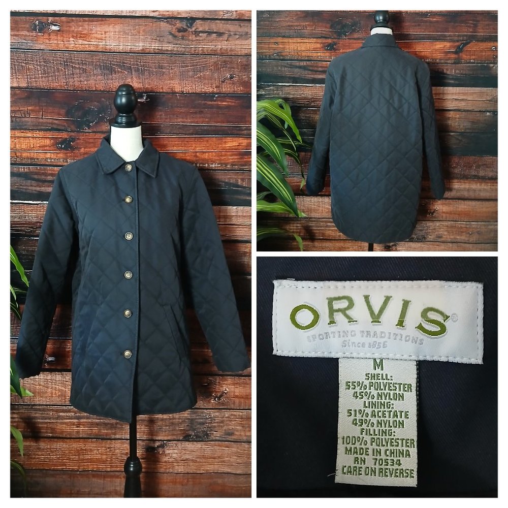 Orvis Quilted Jacket M Diamond Chore Coat Lined Button Front Black